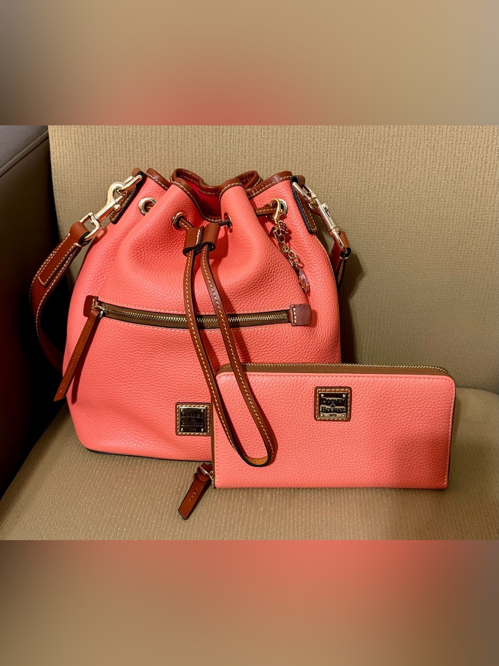 Dooney & Bourke Pebble Grain Shoulder Bag with LGE wallet- Coral (10L x 12H)